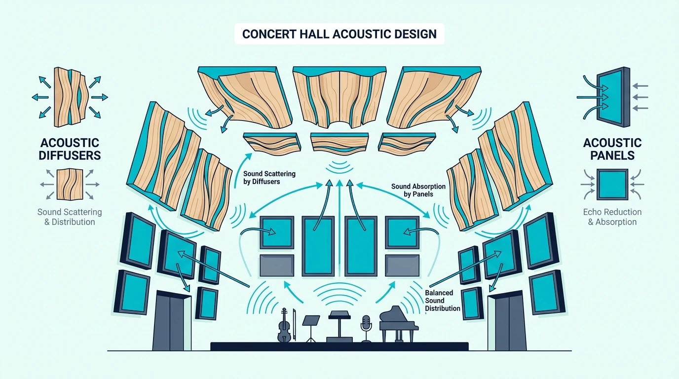Concert hall interior with iconic acoustic design and wooden diffusers