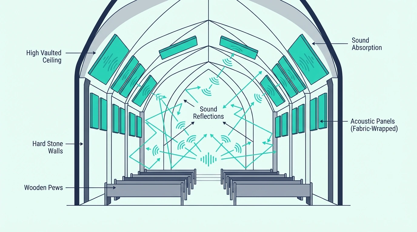 Large church sanctuary with vaulted ceilings, stone walls, and wooden pews