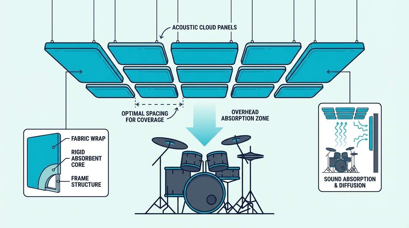 Ceiling cloud panels above a drum kit with proper spacing