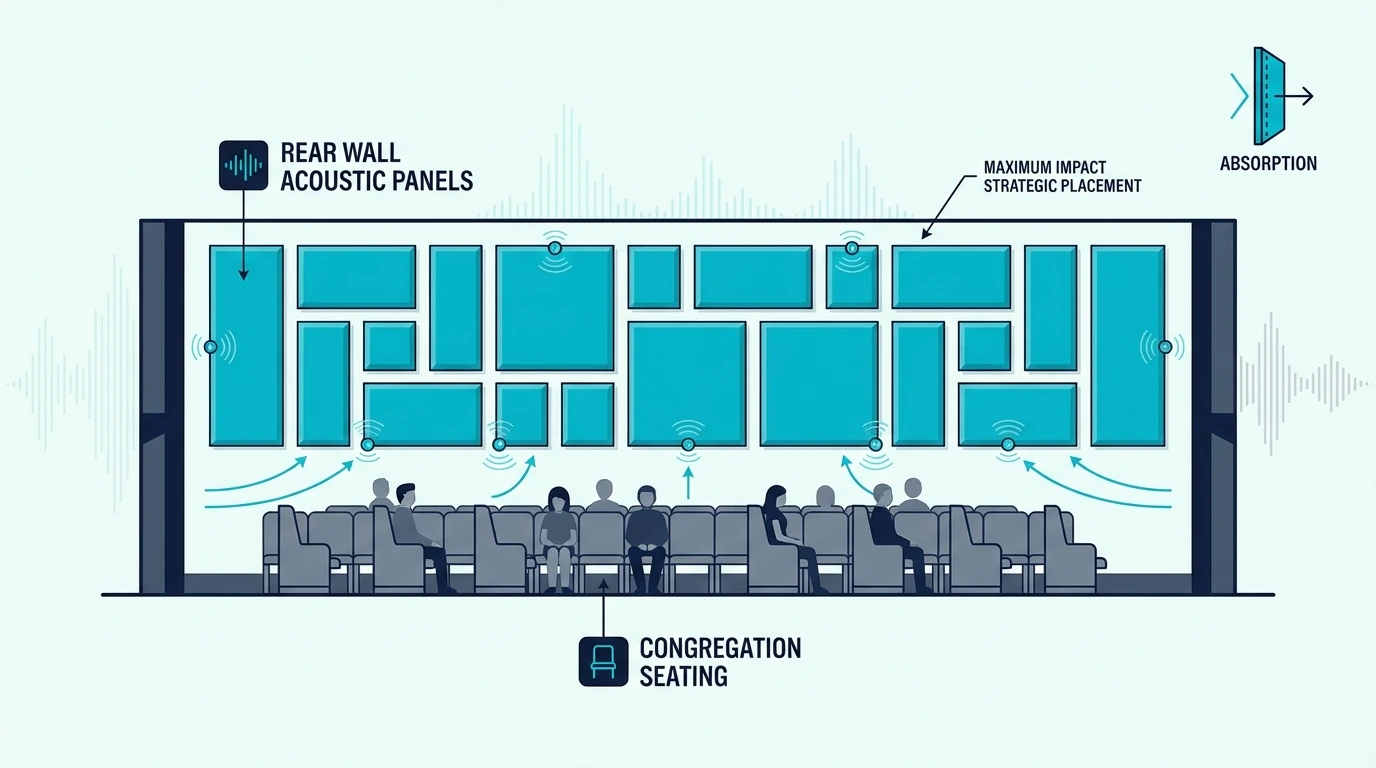 Acoustic panels installed on the rear wall behind church seating