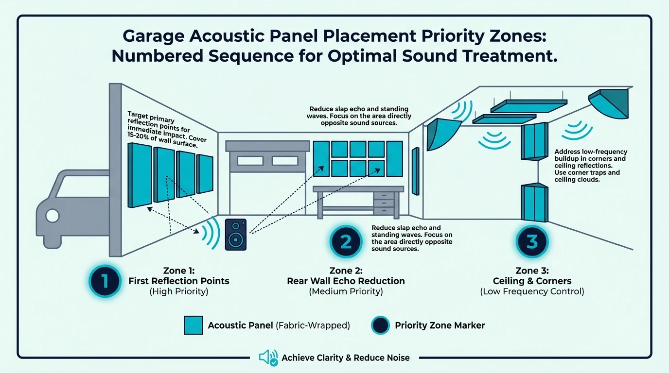 Garage wall placement diagram with priority zones for acoustic panels