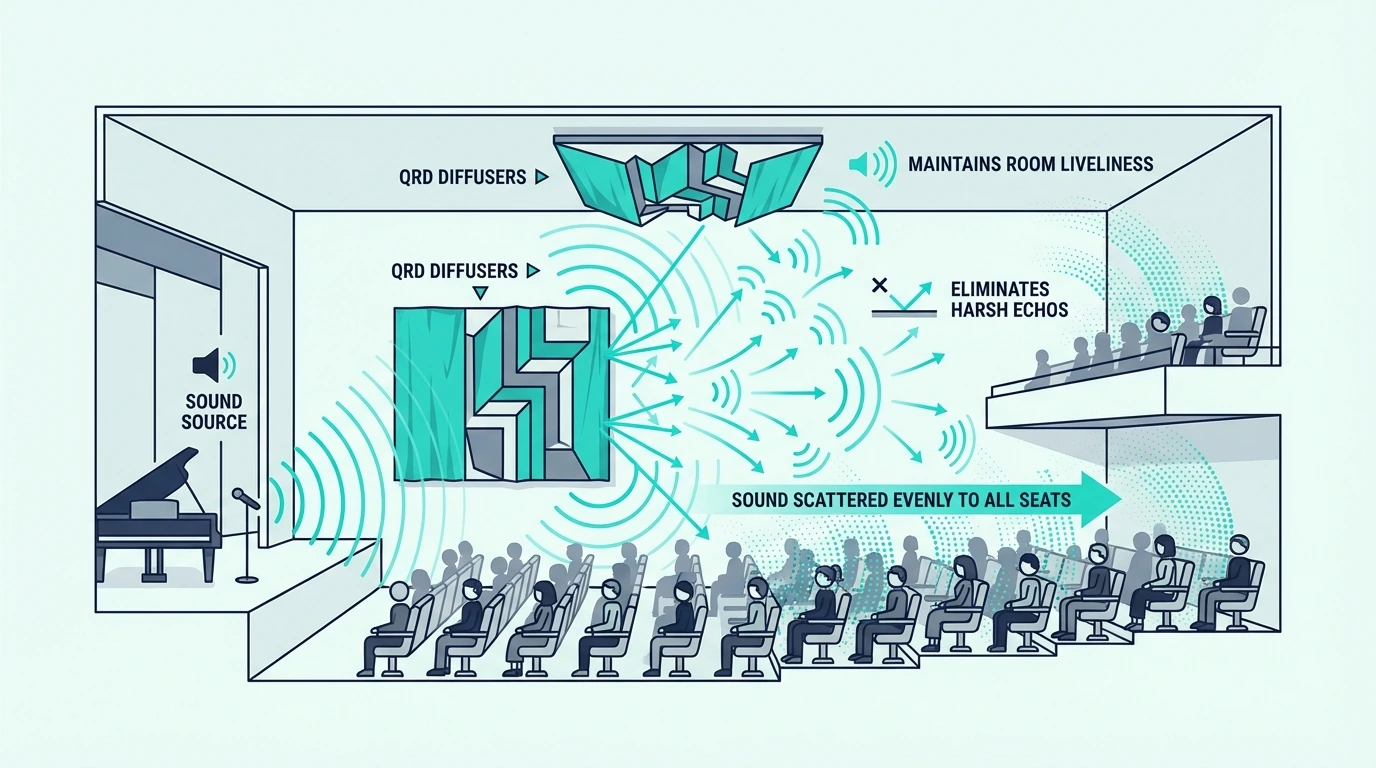 QRD diffusers scattering sound evenly in a concert hall