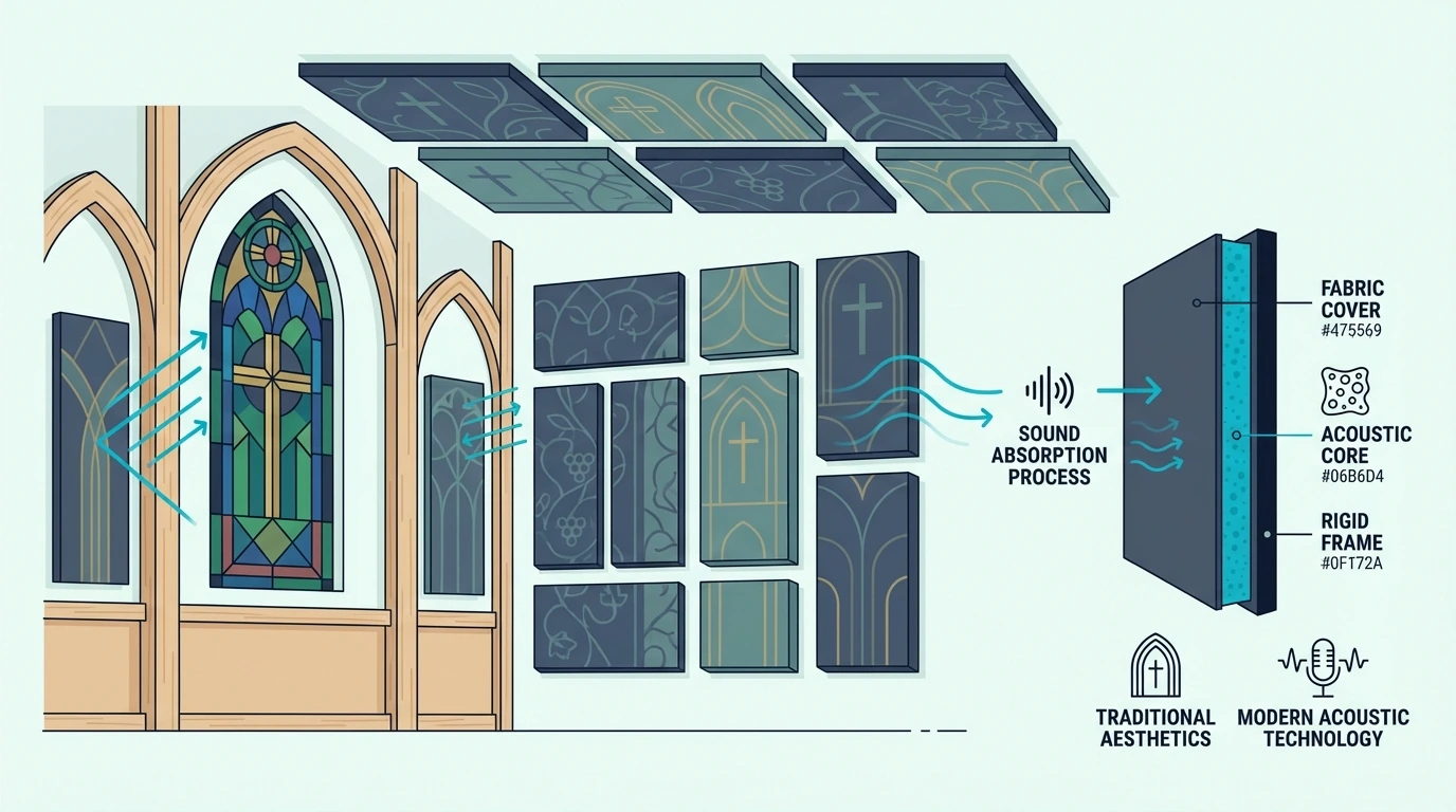 Decorative fabric-wrapped acoustic panels blending with church decor