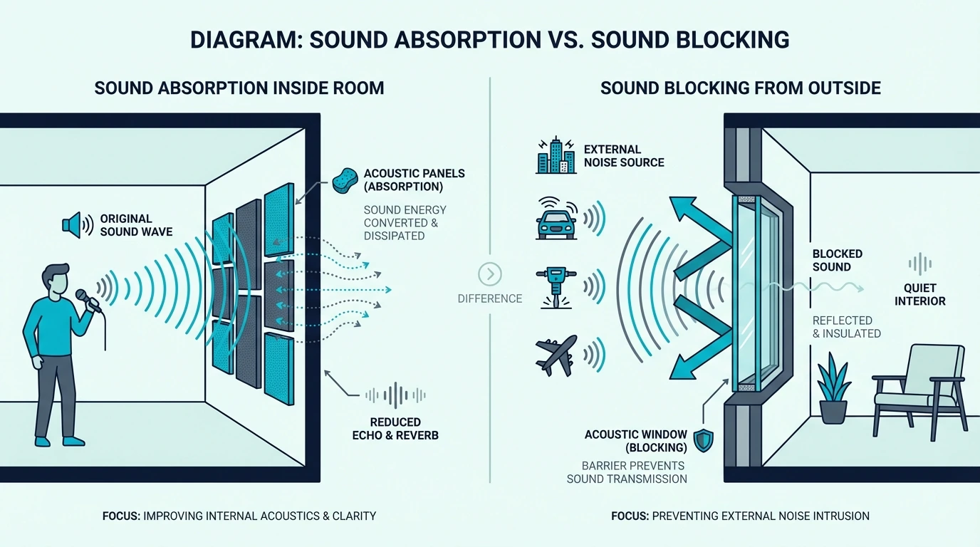 Diagram comparing indoor sound absorption with outdoor noise blocking