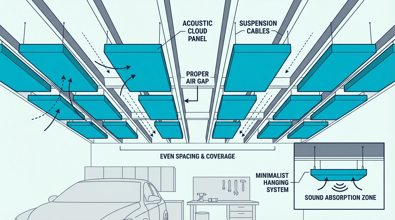 Garage ceiling with acoustic cloud panels installed with proper spacing