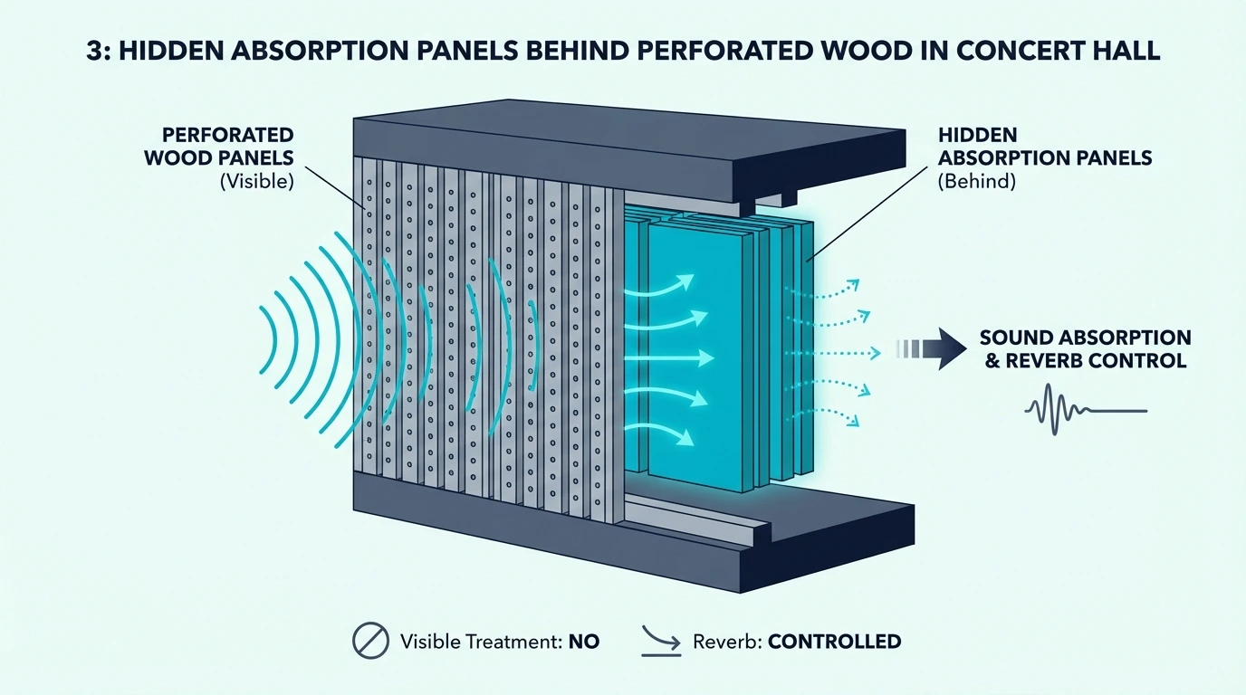 Hidden absorption panels behind perforated wood in a concert hall