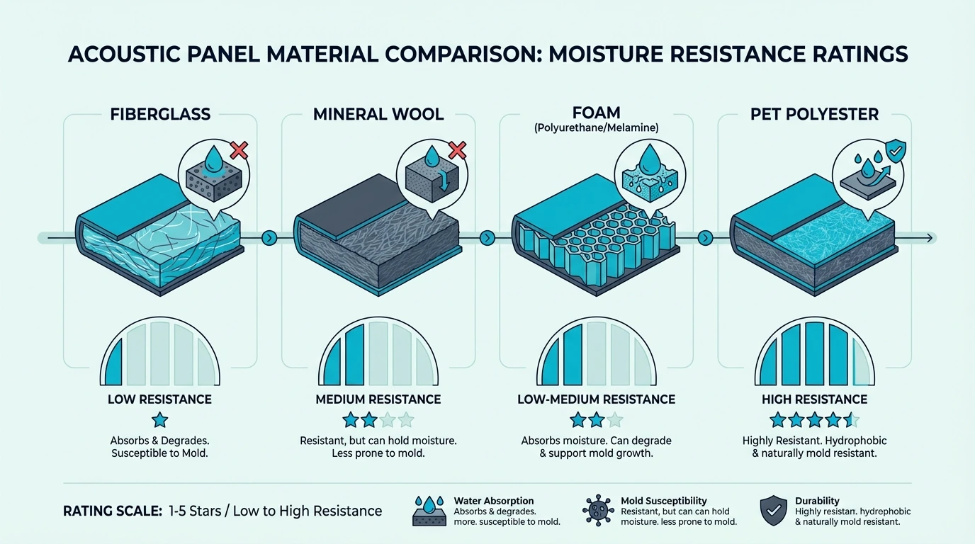 Moisture resistance comparison for fiberglass, mineral wool, foam, and PET