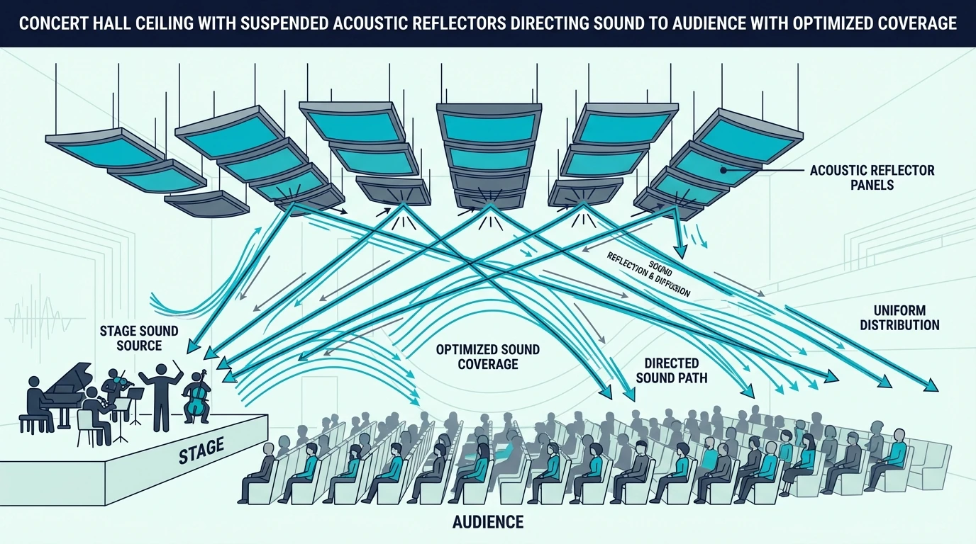 Suspended acoustic reflectors directing sound toward a concert audience