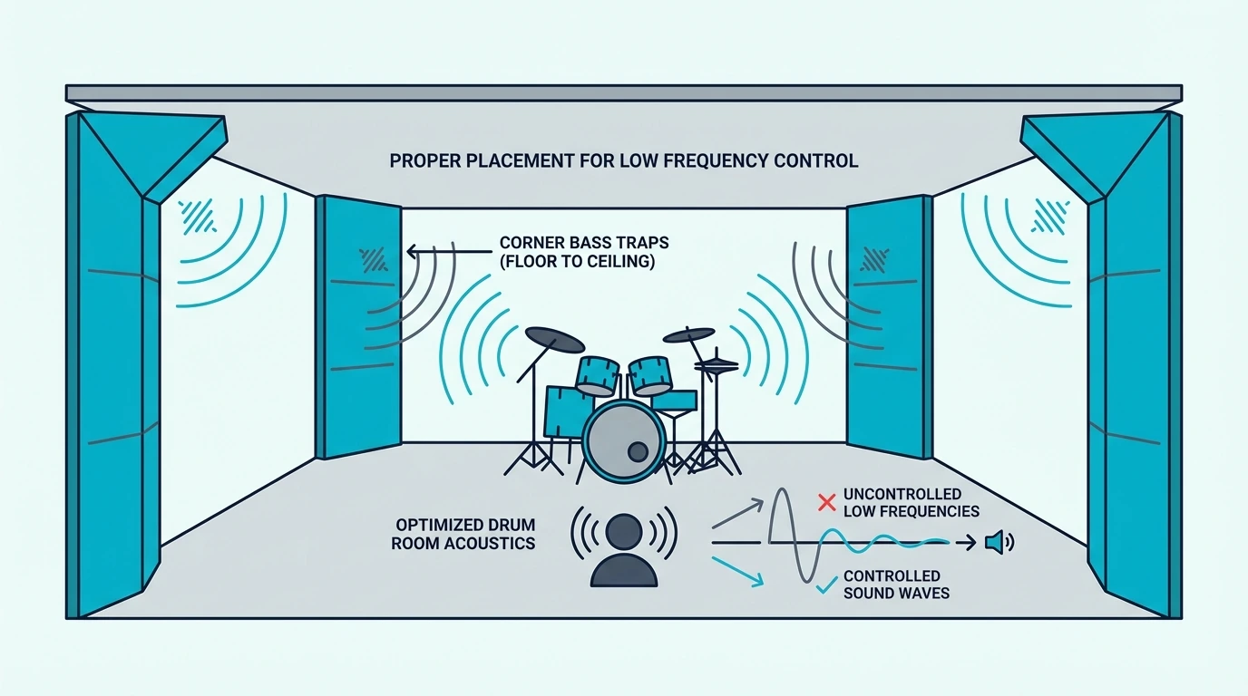 Floor-to-ceiling corner bass traps in a drum room