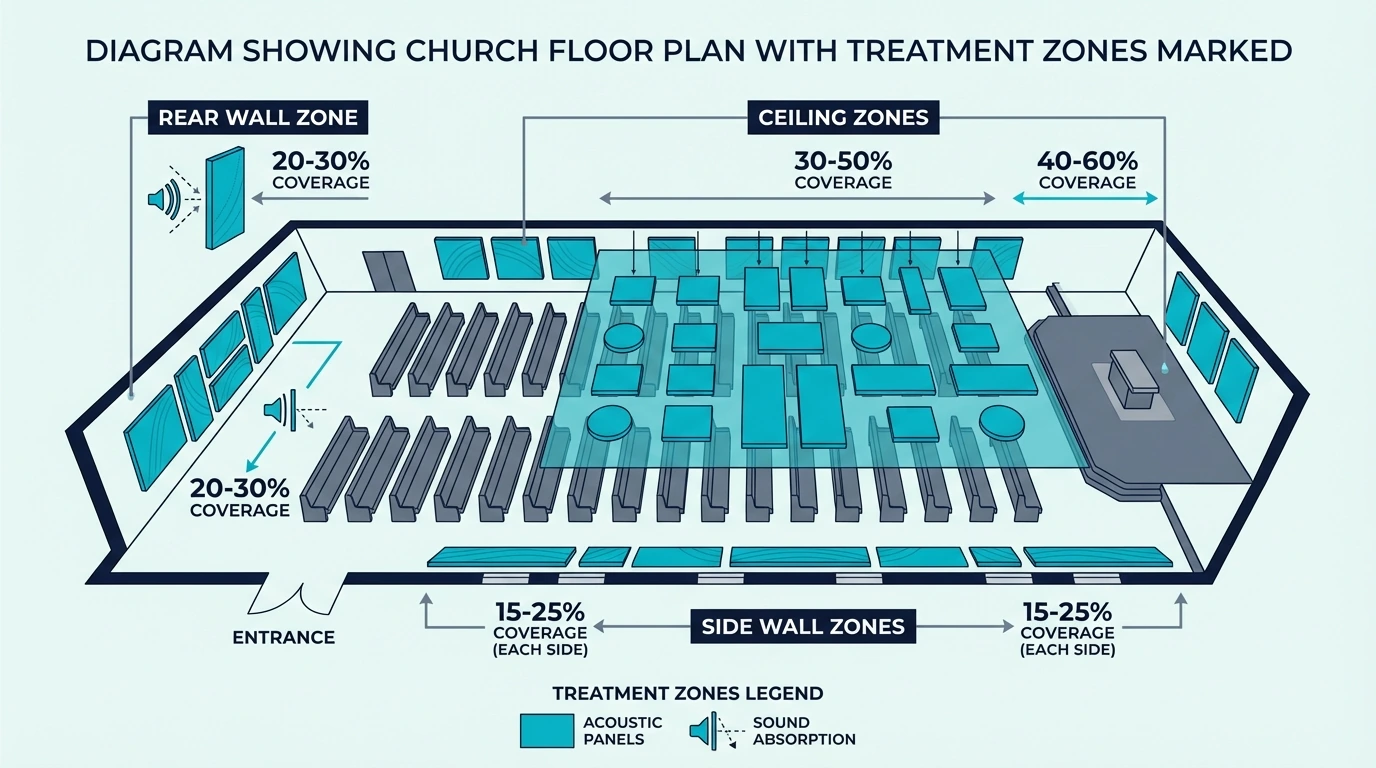 Church floor plan diagram with acoustic treatment zones marked