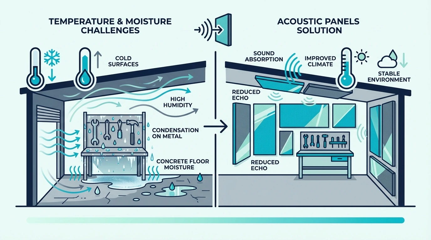 Garage moisture and temperature issues shown on metal and concrete surfaces