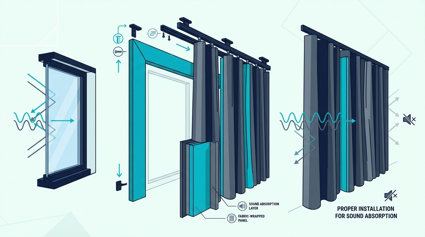 Heavy acoustic curtains installed over a window