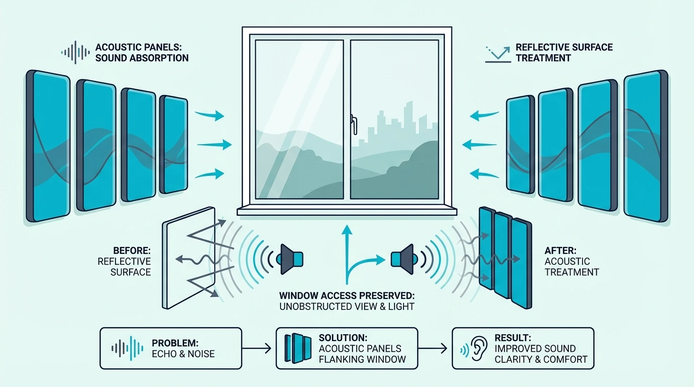 Acoustic panels mounted beside a window while preserving access