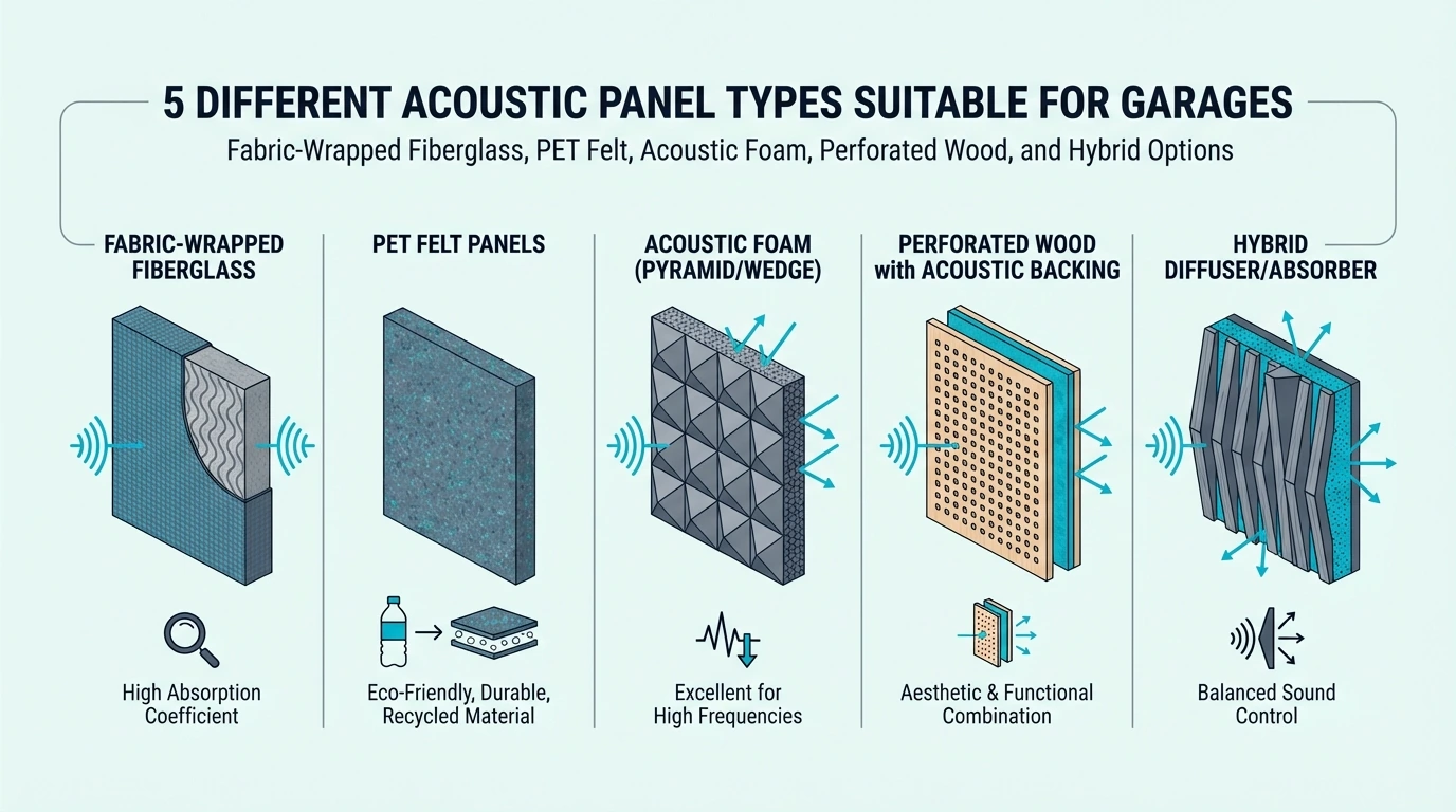 Garage acoustic panel options including fiberglass, PET felt, and foam