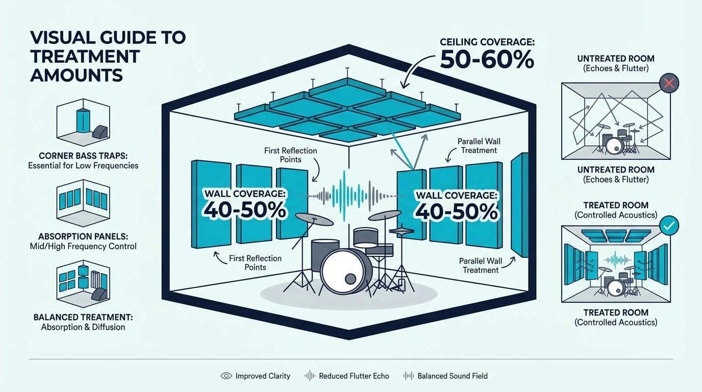 Drum room wall and ceiling coverage percentages for acoustic treatment