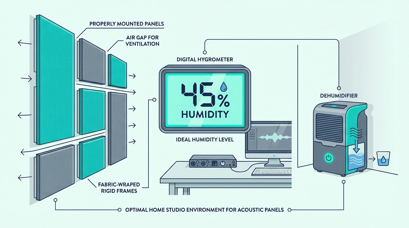 Home studio with 45 percent humidity and acoustic panels mounted with airflow