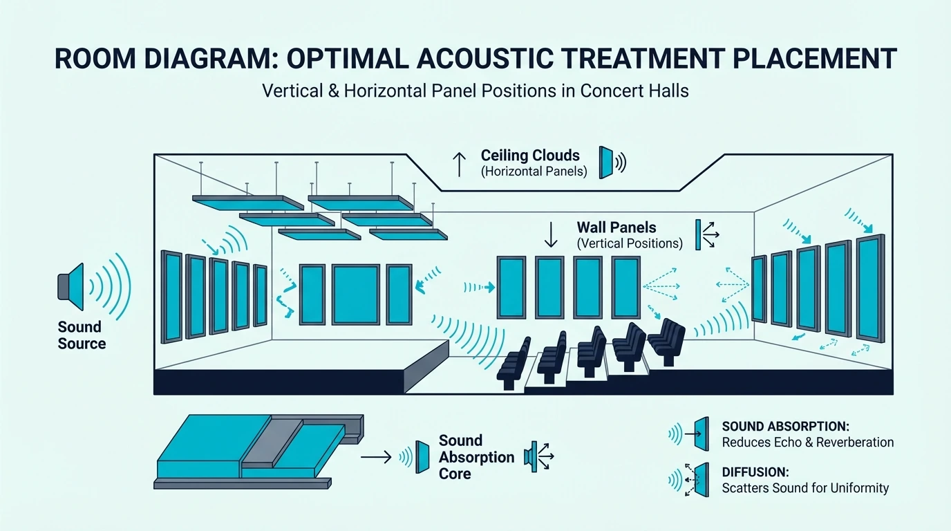 Concert hall treatment placement diagram with vertical and horizontal panels