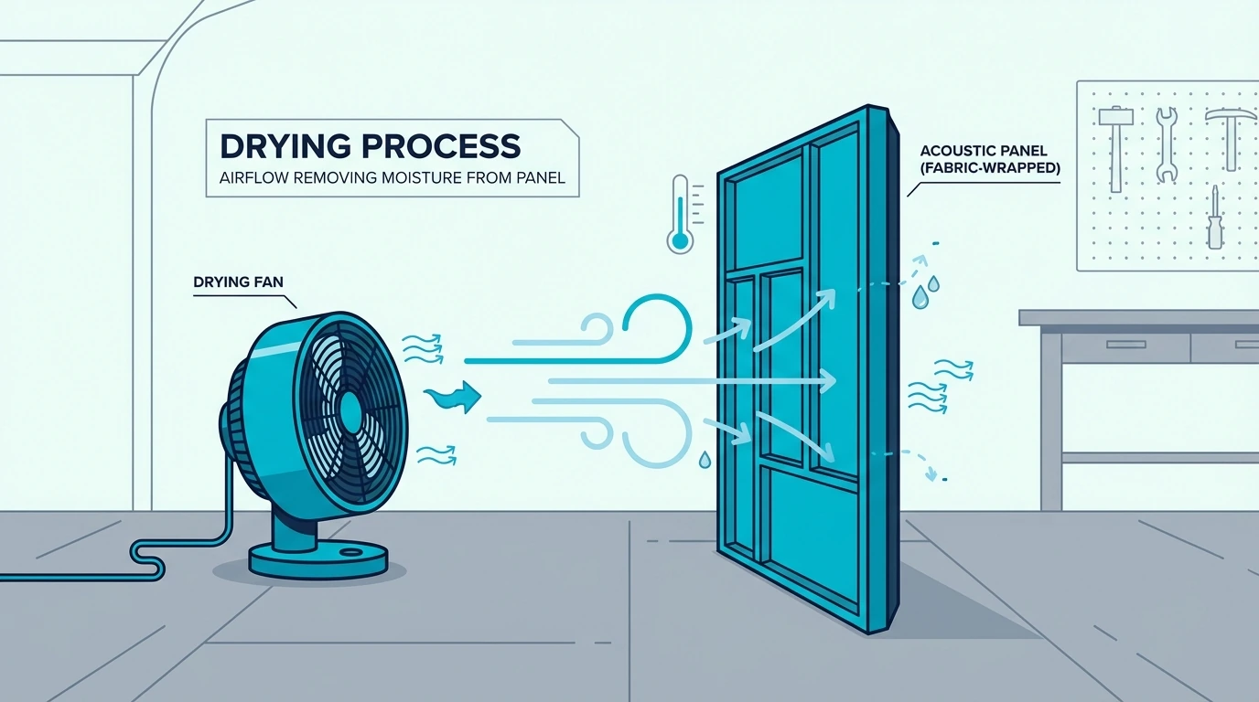 Wet acoustic panel drying upright with a fan in a utility space