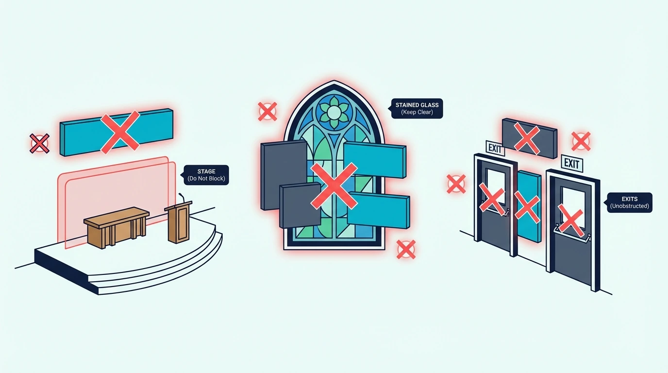 Diagram showing where not to place acoustic panels in a church