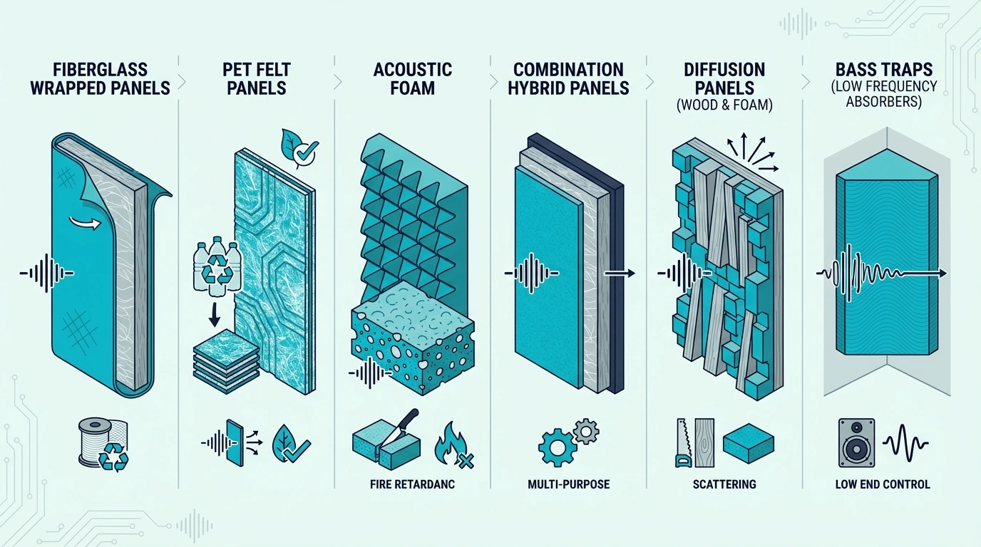 Acoustic panel types for drums including fiberglass, PET felt, and foam