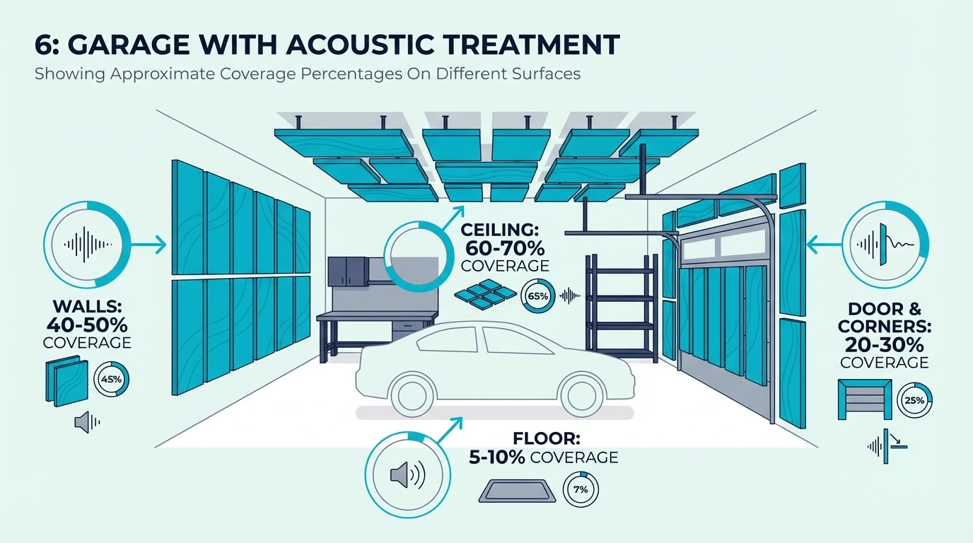 Garage acoustic treatment coverage percentages across walls and ceiling