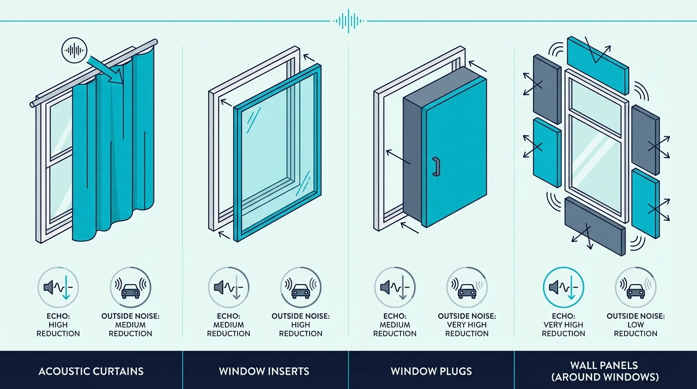 Infographic comparing acoustic curtains, inserts, plugs, and wall panels