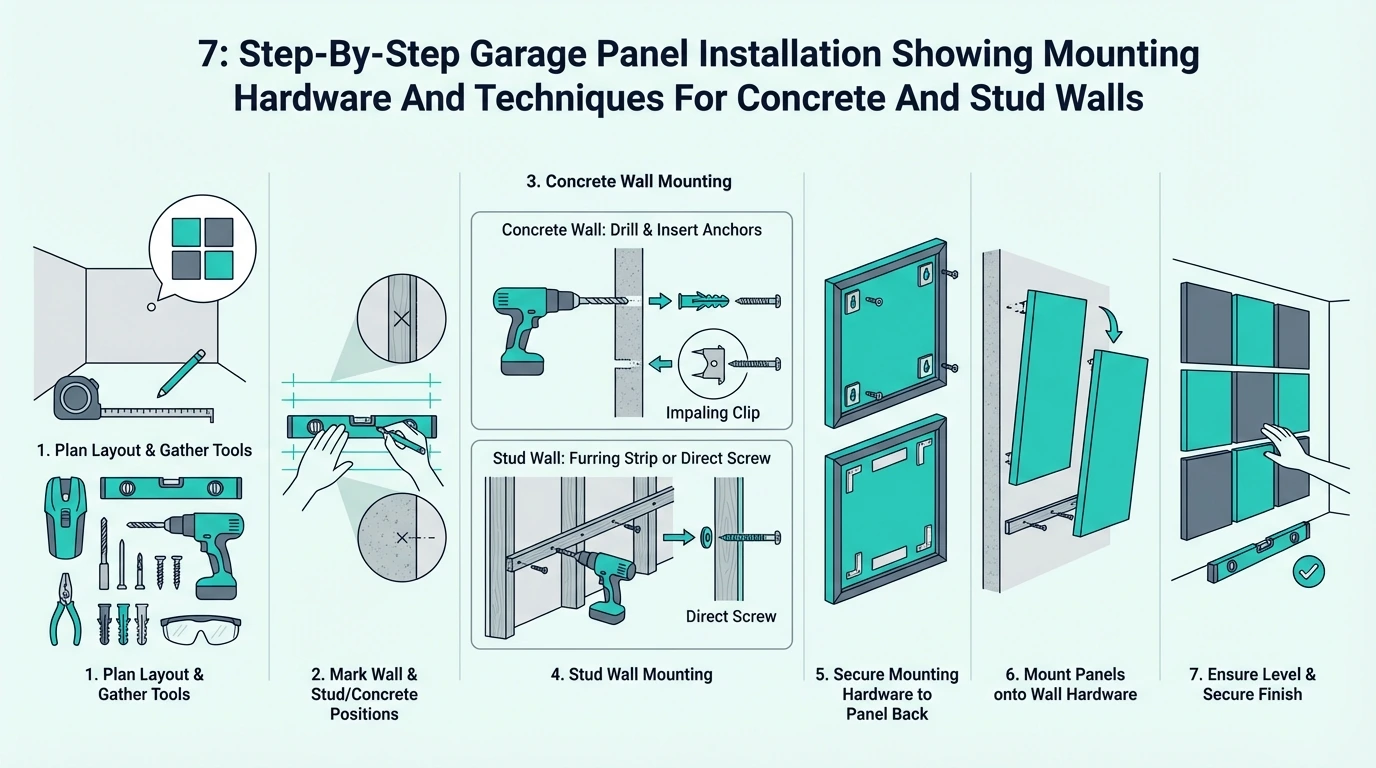 Step-by-step garage panel installation for concrete and stud walls