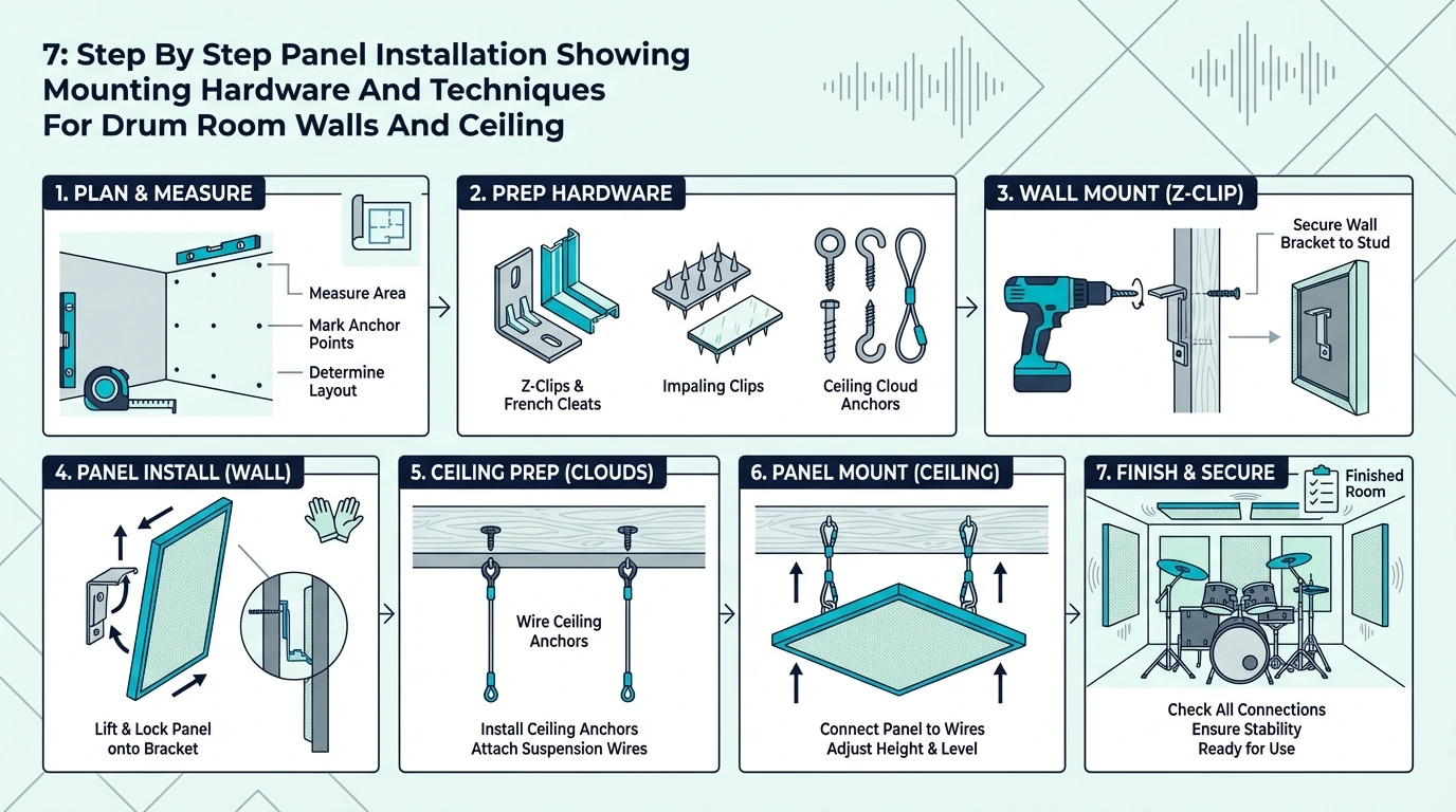 Step-by-step panel installation for drum room walls and ceiling