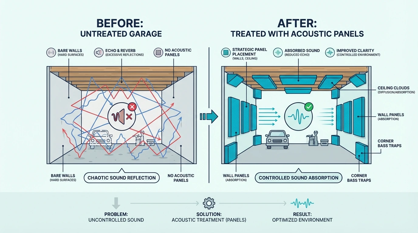 Before-and-after garage acoustic treatment with visible panel placement