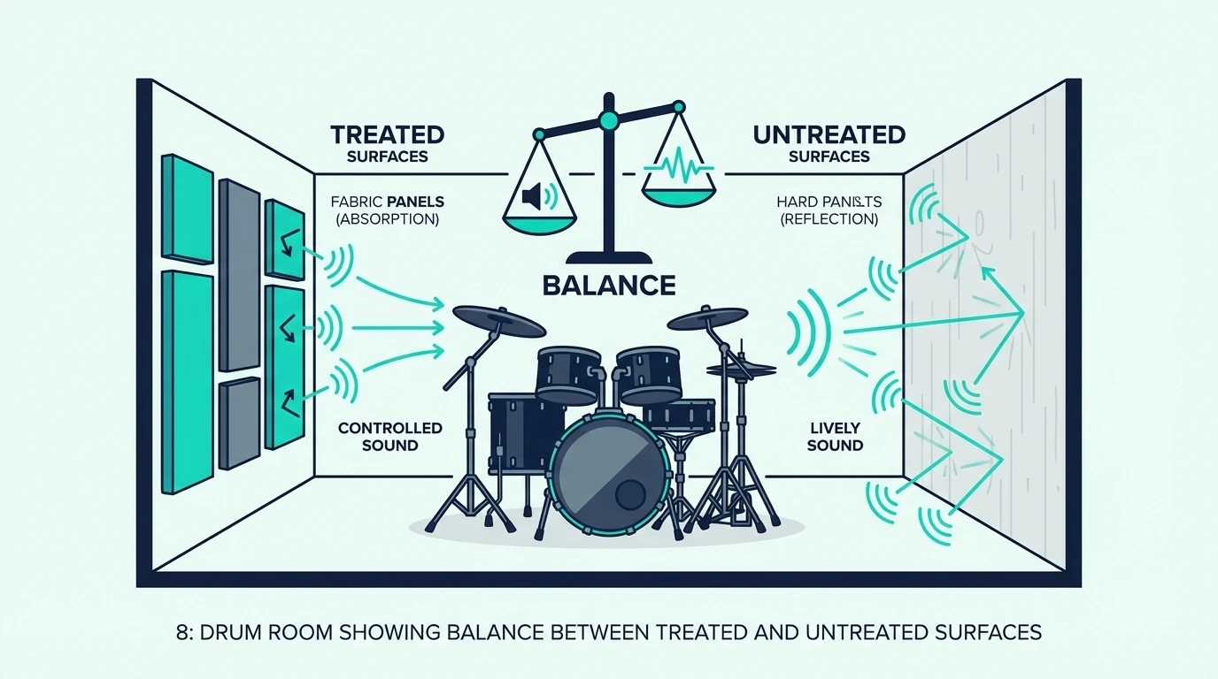 Drum room with balanced treated and untreated surfaces