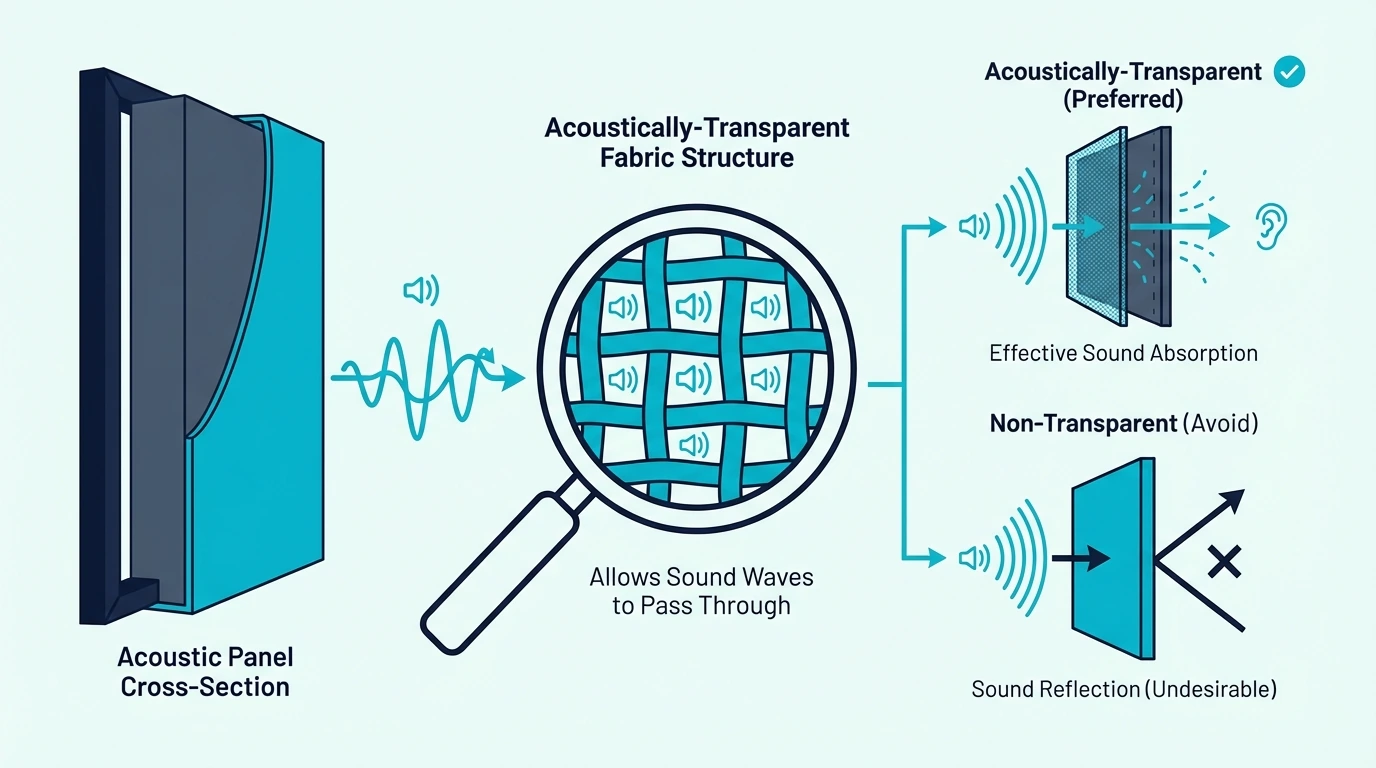 Diagram showing acoustically transparent fabric over an acoustic panel