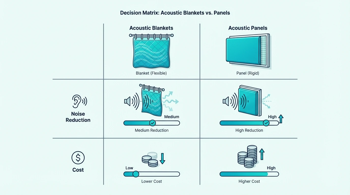Decision matrix comparing acoustic blankets and panels