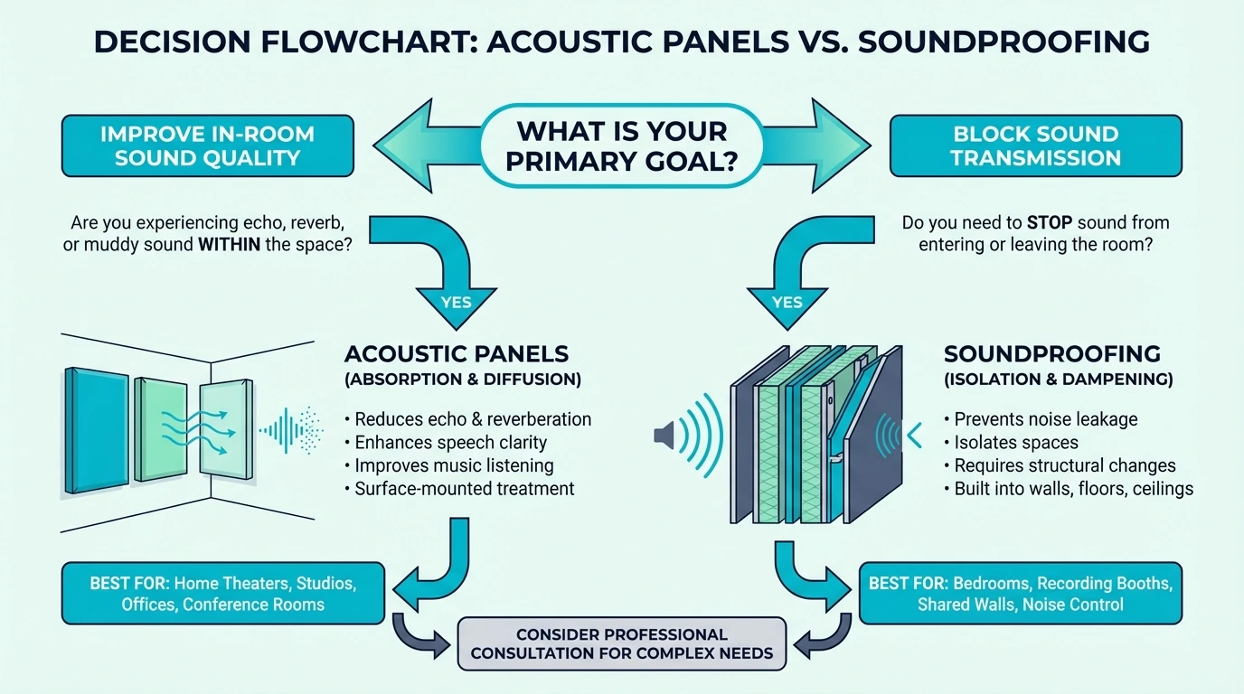 Decision flowchart for acoustic panels vs soundproofing