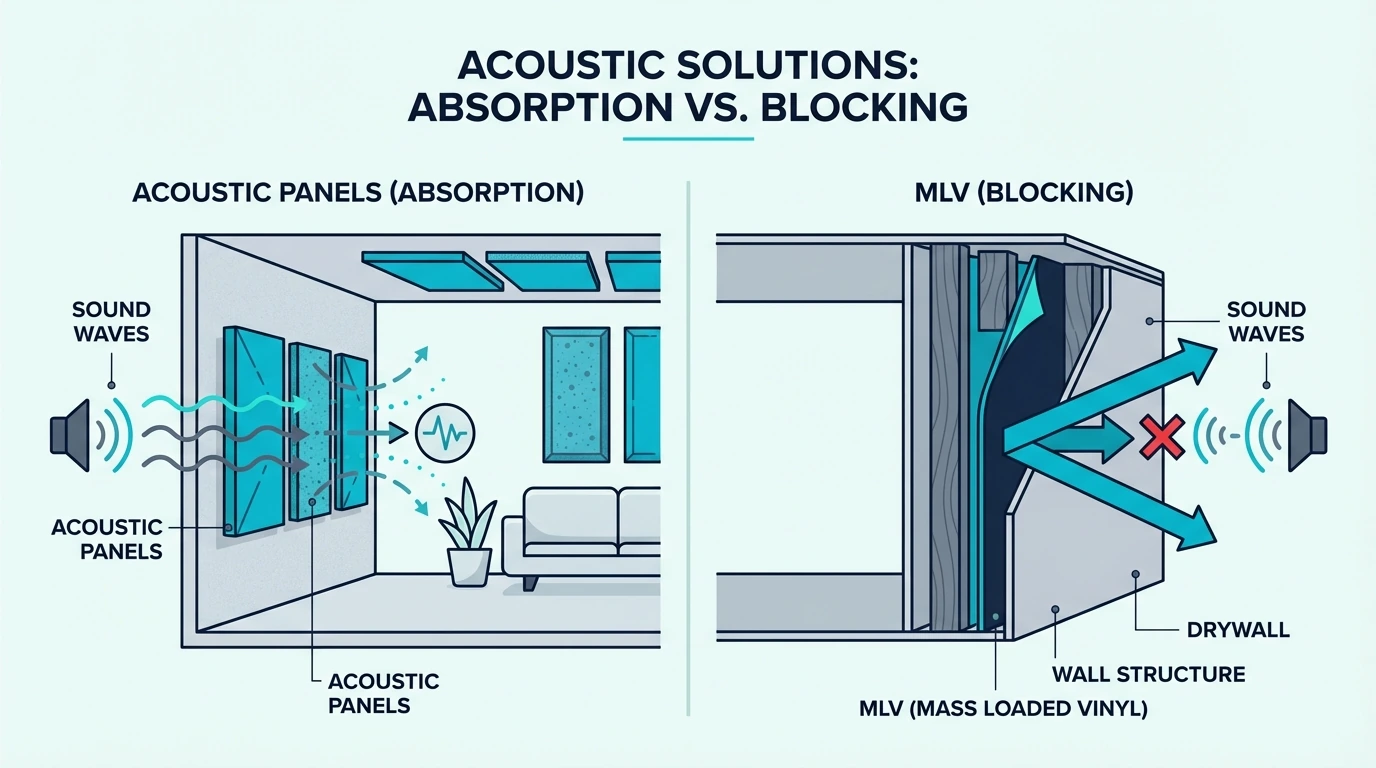 Split diagram showing acoustic panels absorbing reflections and MLV blocking wall noise