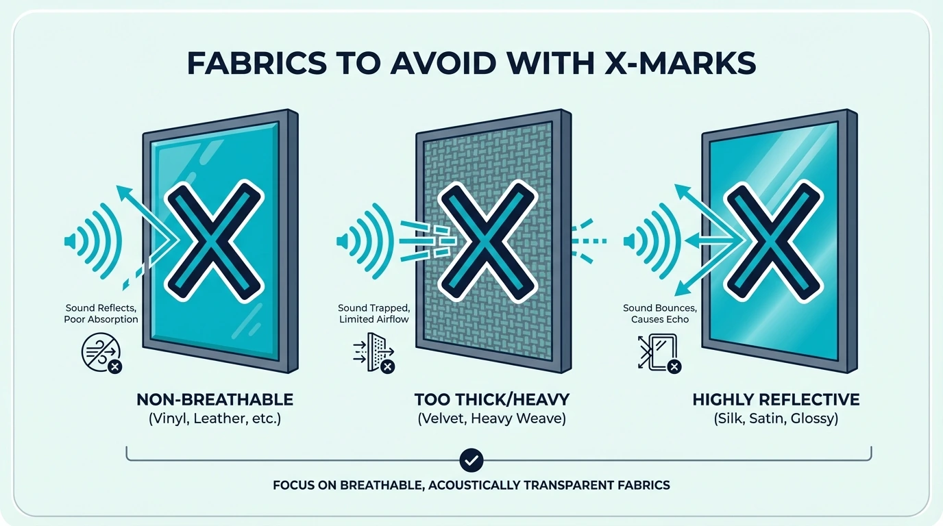 Fabrics to avoid for acoustic panels marked with X symbols