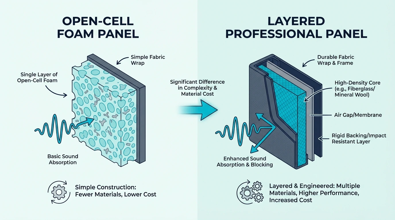 Open-cell foam panel construction compared with a professional panel