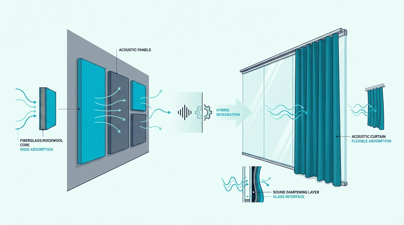 Hybrid setup with acoustic curtains on glass and panels on walls