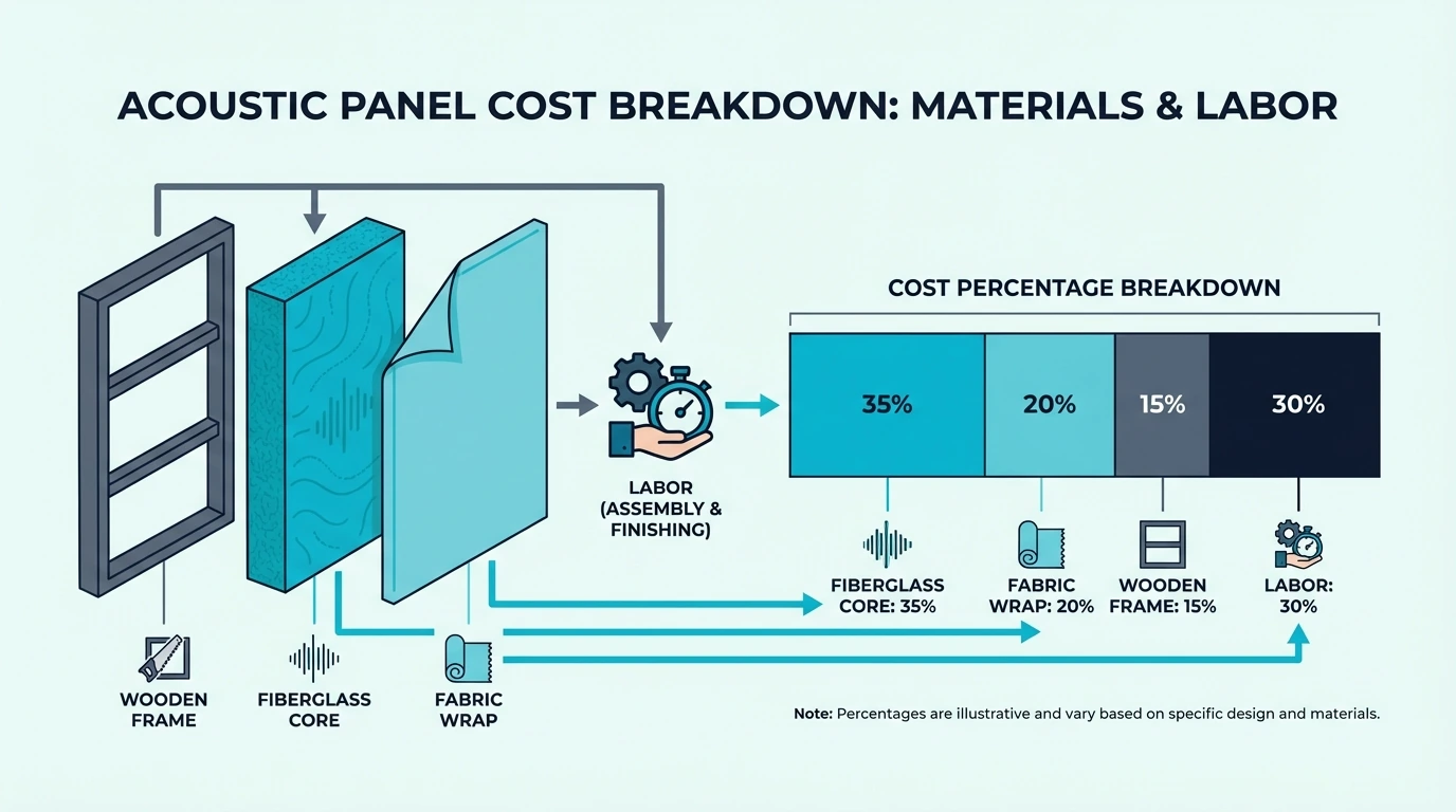 Acoustic panel cost breakdown for core, fabric, frame, and labor