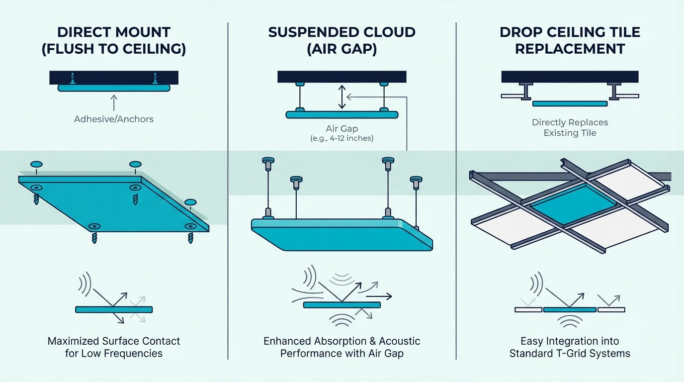 Ceiling mounting options for acoustic panels