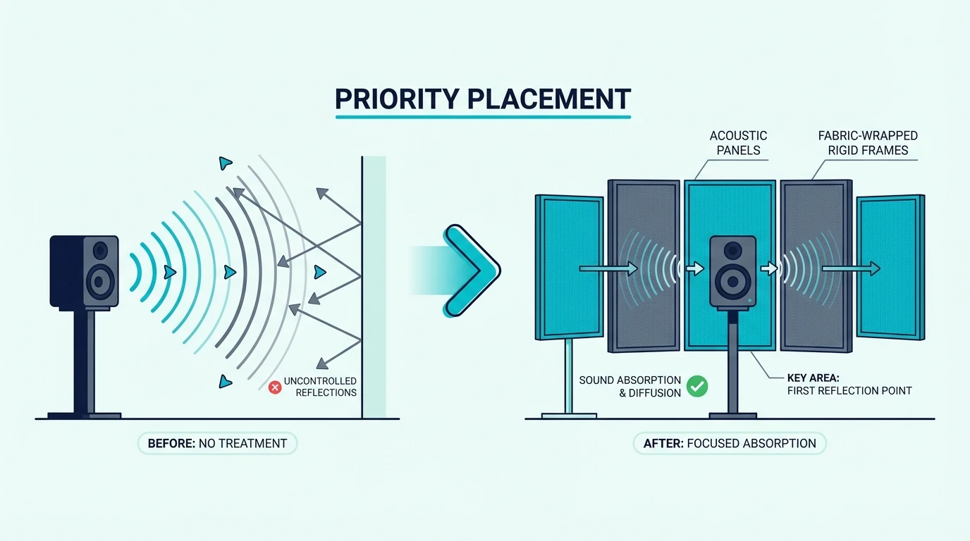 Priority acoustic panel placement behind speakers