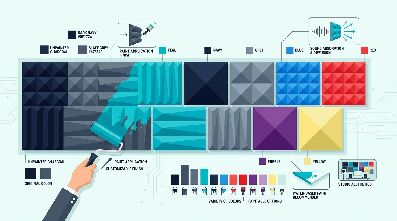 Different acoustic foam colors displayed on a studio wall