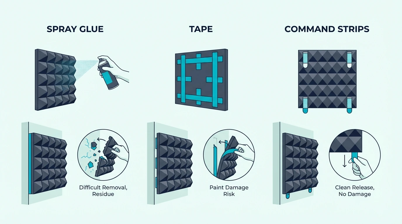 Comparison of spray glue, tape, and command strips on acoustic foam