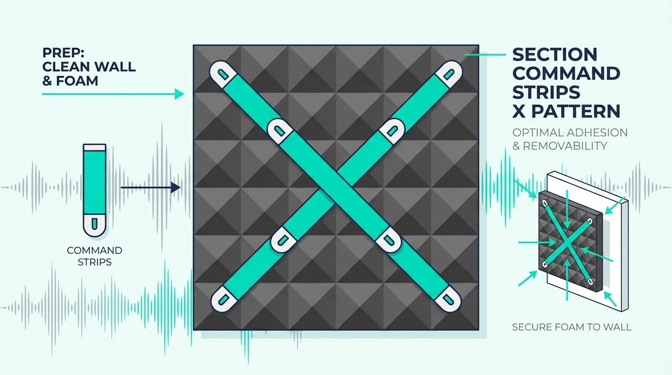 Command strips arranged in an X pattern on acoustic foam backing