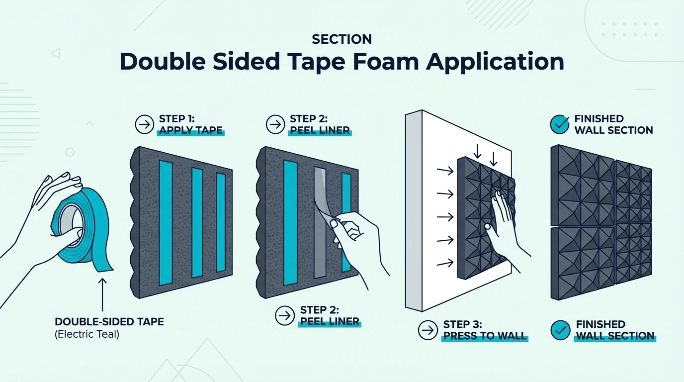 Double-sided tape applied to acoustic foam for wall mounting
