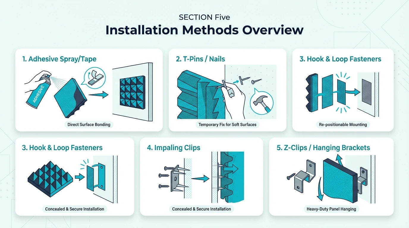 Overview of five methods for installing acoustic foam on walls