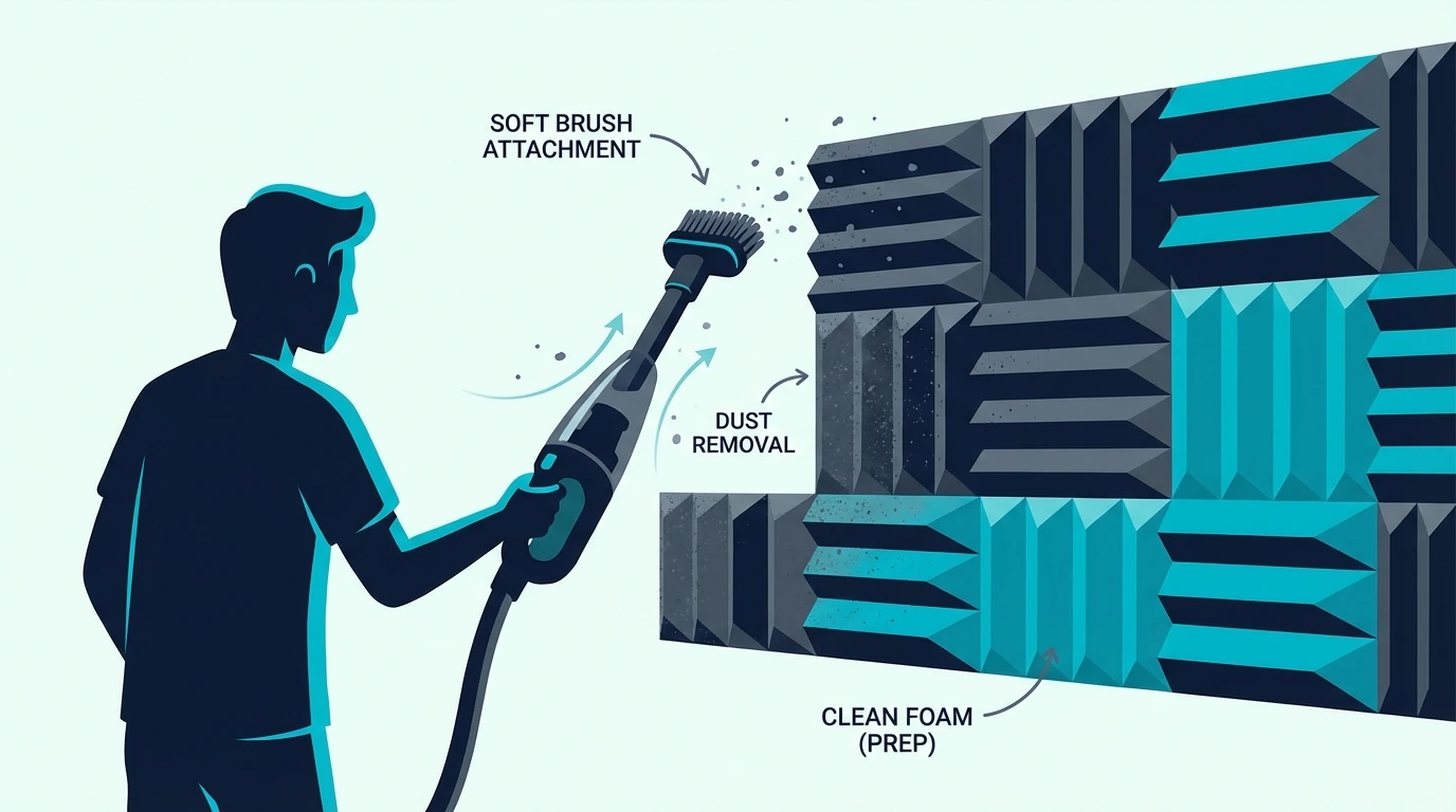 Person cleaning acoustic foam panels with a soft vacuum brush
