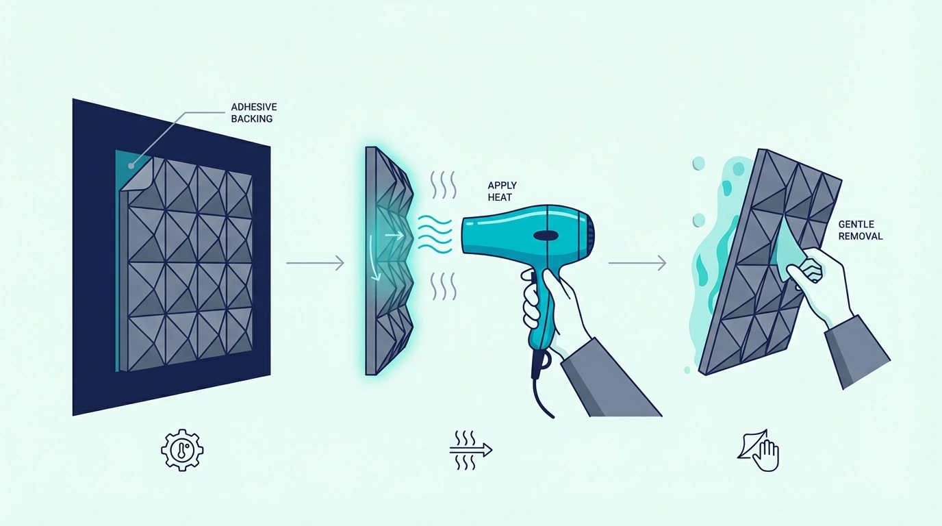 Hair dryer softening adhesive before acoustic foam removal
