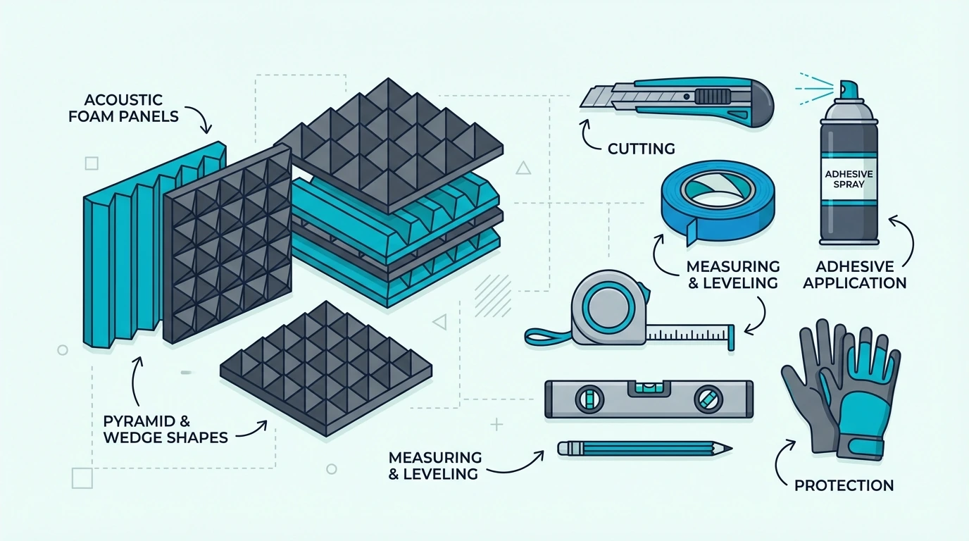 Installation supplies and tools for mounting acoustic foam