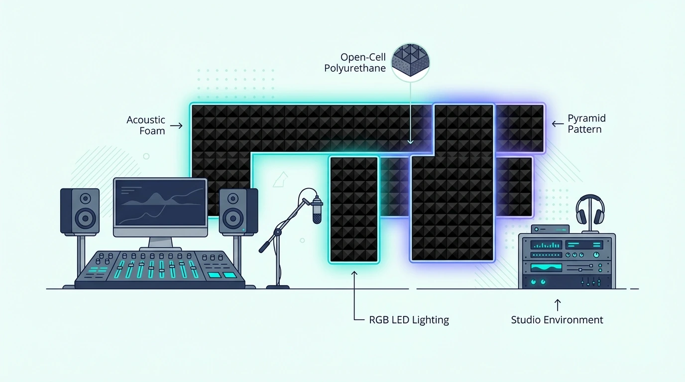 Studio with black acoustic foam highlighted by RGB strip lighting