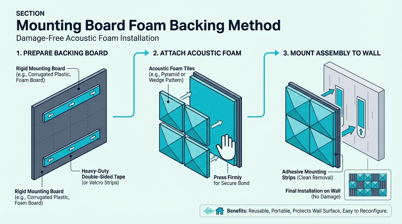 Mounting board backing method for acoustic foam panels
